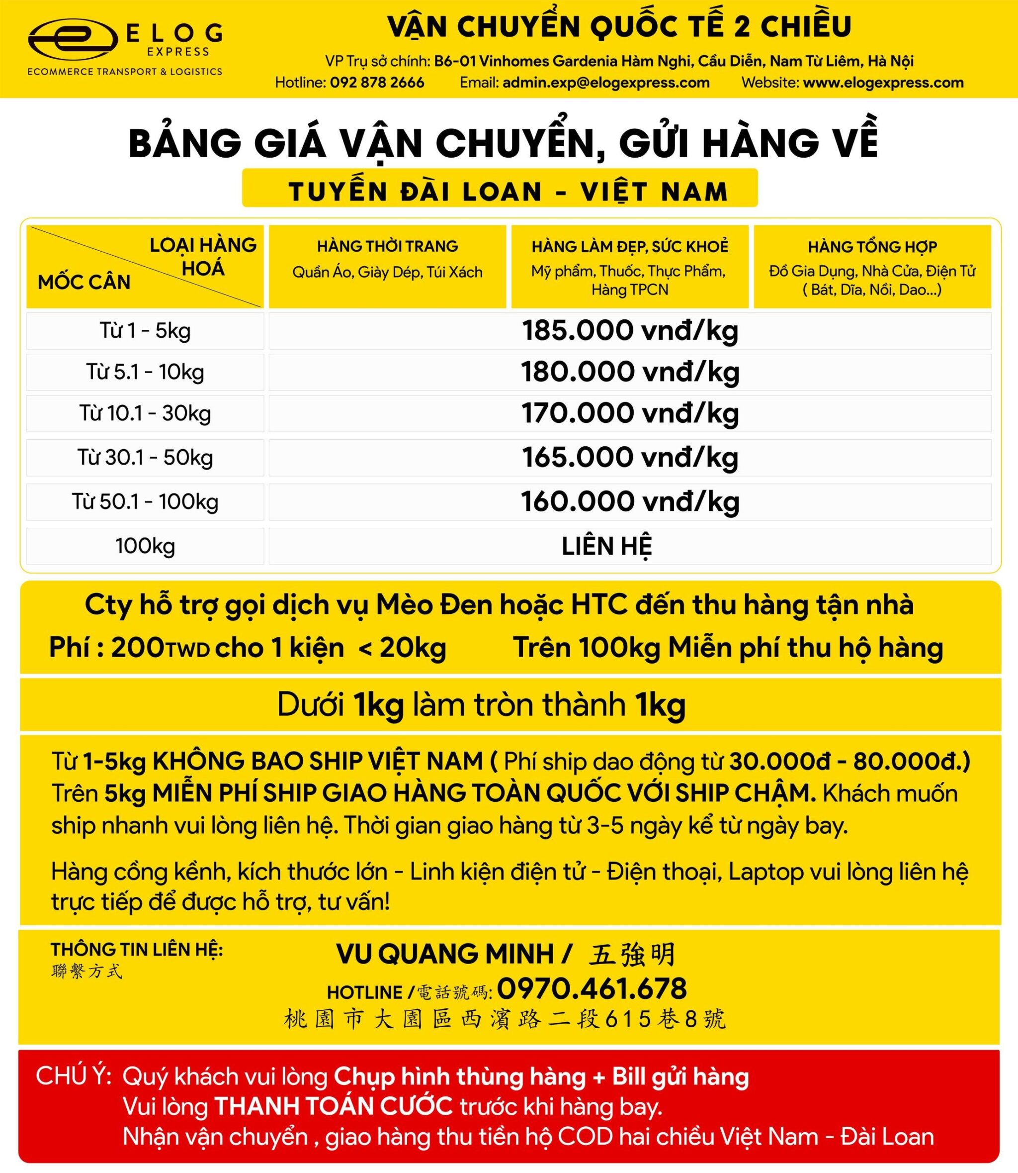 bảng giá gửi hàng đài việt